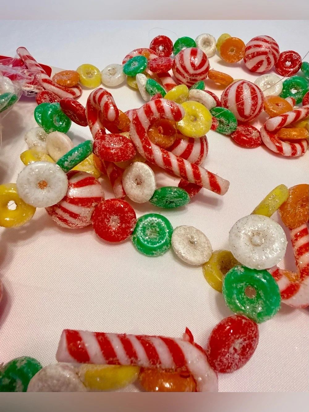 2-Vintage Christmas candy blow mold sugared garland. 9' 1/new 1/used